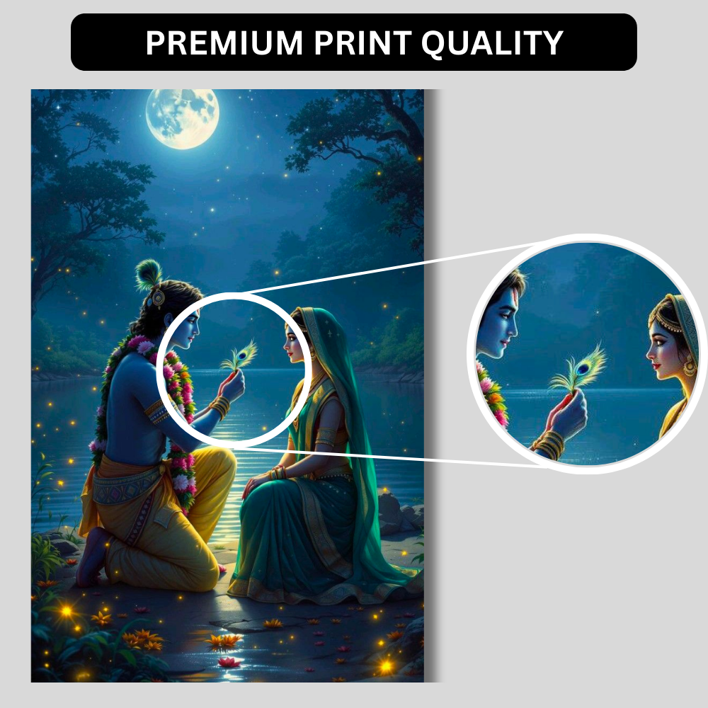 Premium Glossy Aluminium Metal Poster – Radha Krishna Moonlight Artwork | HD Hindu Spiritual Wall Decor for Home Temple, Living Room, Bedroom & Meditation Space | Waterproof, Fade-Proof Devotional Wall Frame