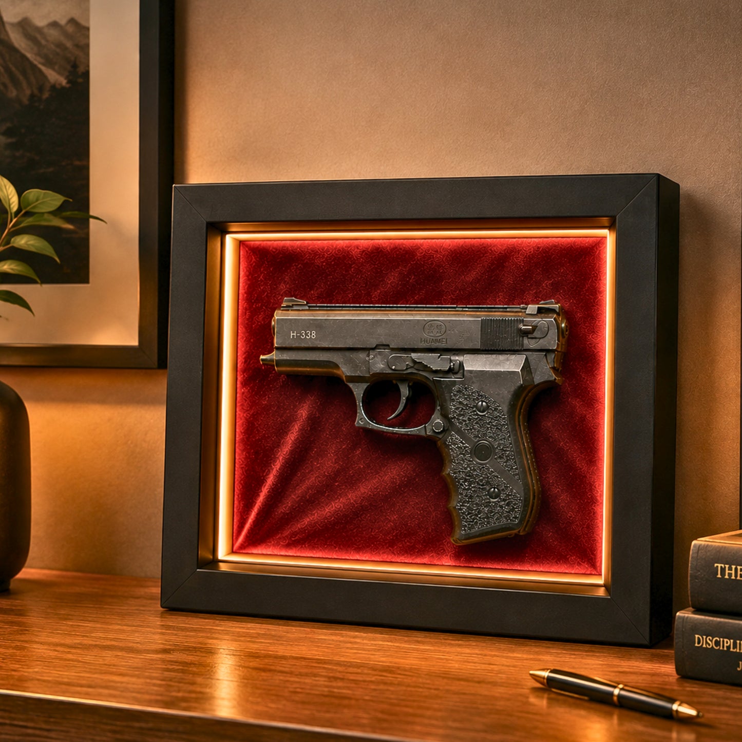 Premium Pistol Shadow Box Frame for Wall Decor | 3D Gun Wall Art with LED Effect | 25 x 20 cm