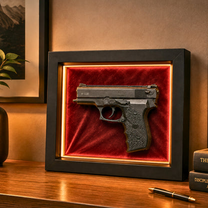 Premium Pistol Shadow Box Frame for Wall Decor | 3D Gun Wall Art with LED Effect | 25 x 20 cm