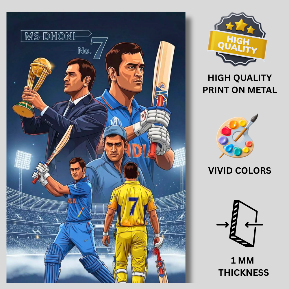 MS Dhoni No.7 Aluminium Glossy Metal Poster | Premium Cricket Wall Art | HD Metal Print for Bedroom, Living Room, Office & Man Cave | Waterproof, Fade-Proof Home Decor Frame