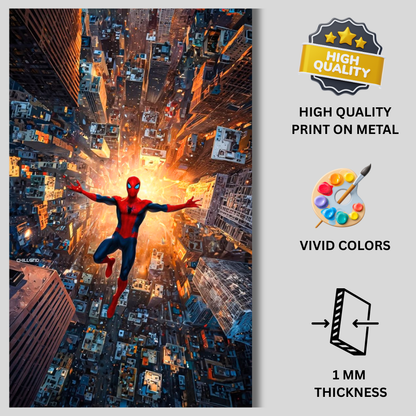 Premium Glossy Aluminium Metal Poster – Spider-Man Inspired City Dive Artwork | HD Printed Aluminium Wall Decor for Bedroom, Gaming Room, Office & Studio | Waterproof, Fade-Proof Superhero Frame