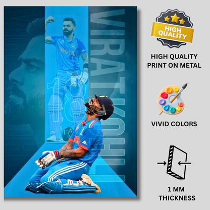Virat Kohli Cricket Action Aluminium Glossy Metal Poster | Premium HD Wall Art Frame for Room, Office & Home Decor | Waterproof, Fade-Proof Metal Wall Poster | Cricket Legend Art Print (Glossy Finish)