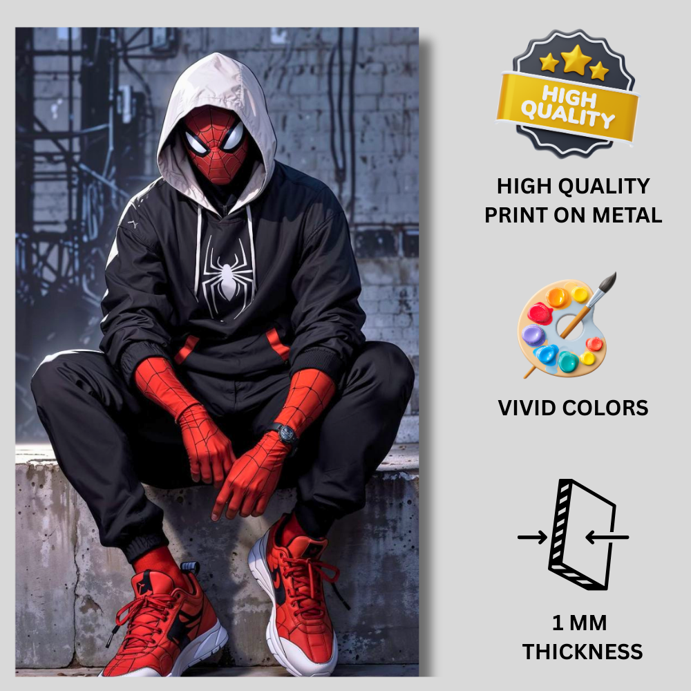 Premium Glossy Aluminium Metal Poster – Sp!der-Man Inspired Urban Hoodie Artwork | HD Printed Aluminium Wall Decor for Bedroom, Gaming Room, Studio & Office | Waterproof, Fade-Proof Superhero Wall Frame