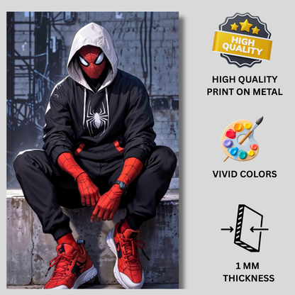 Premium Glossy Aluminium Metal Poster – Sp!der-Man Inspired Urban Hoodie Artwork | HD Printed Aluminium Wall Decor for Bedroom, Gaming Room, Studio & Office | Waterproof, Fade-Proof Superhero Wall Frame