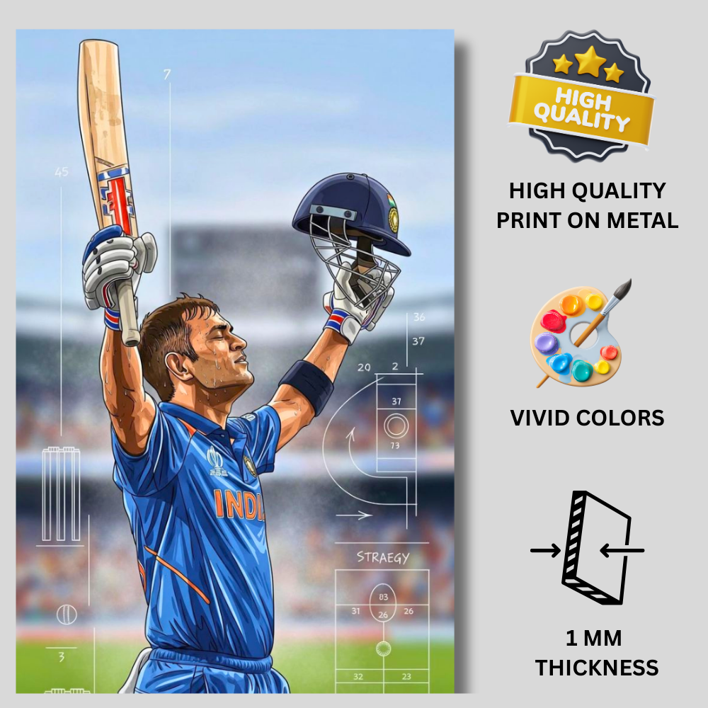 MS Dhoni Aluminium Glossy Metal Poster | Premium Cricket Wall Art Frame for Home & Office Décor | HD Printed Metal Sheet | Sports Room, Bedroom, Living Room Decoration | Cricket Legend Artwork (Gloss Finish)