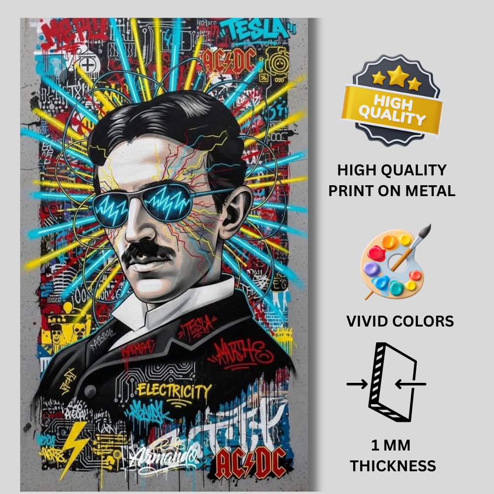 Premium Glossy Aluminium Metal Poster – Tesla Graffiti Street Art Wall Frame | High-Definition Printed Aluminium Wall Decor for Bedroom, Living Room, Gaming Room & Office | Waterproof, Fade-Proof Metal Poster