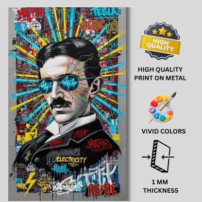 Premium Glossy Aluminium Metal Poster – Tesla Graffiti Street Art Wall Frame | High-Definition Printed Aluminium Wall Decor for Bedroom, Living Room, Gaming Room & Office | Waterproof, Fade-Proof Metal Poster