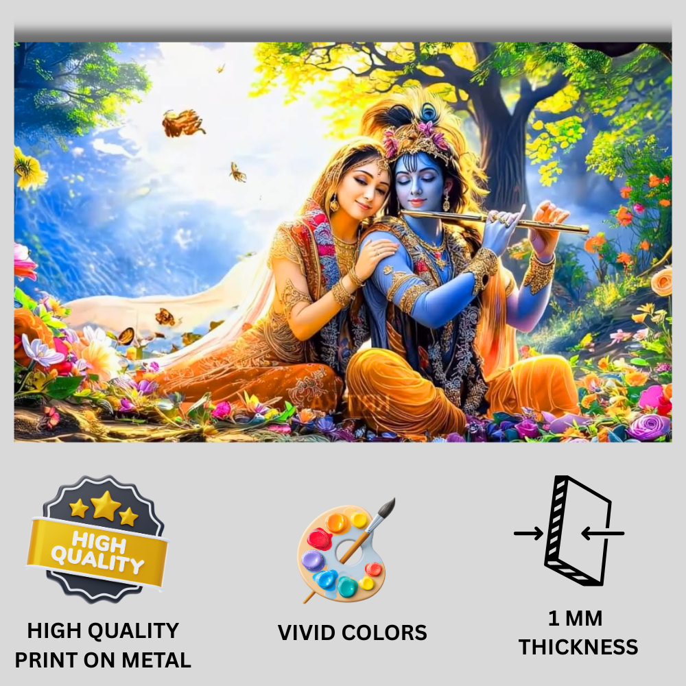 Premium Glossy Aluminium Metal Poster – Radha Krishna Flute Artwork | HD Hindu Spiritual Wall Decor for Home Temple, Living Room, Bedroom & Meditation Space | Waterproof, Fade-Proof Devotional Wall Frame