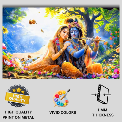Premium Glossy Aluminium Metal Poster – Radha Krishna Flute Artwork | HD Hindu Spiritual Wall Decor for Home Temple, Living Room, Bedroom & Meditation Space | Waterproof, Fade-Proof Devotional Wall Frame