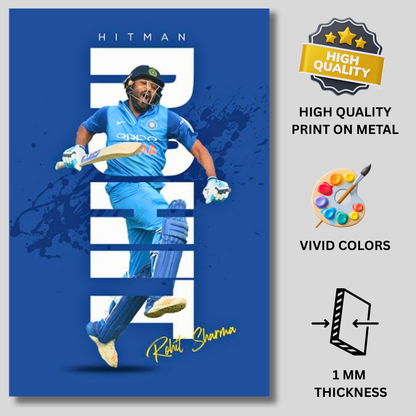 Rohit Sharma HITMAN Cricket Wall Art | Premium Glossy Aluminium Metal Poster Frame | Sports Room Decor | Ultra HD Print for Bedroom, Living Room, Office & Man Cave | Modern Home Decor Frame (Blue Edition)