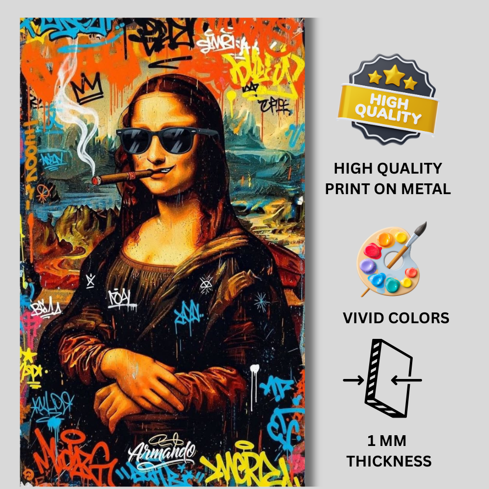 Premium Glossy Aluminium Metal Poster | Graffiti Mona Lisa Wall Art for Home Décor | Vibrant Street Art Frame for Bedroom, Living Room & Office | Modern Printed Metal Wall Decor