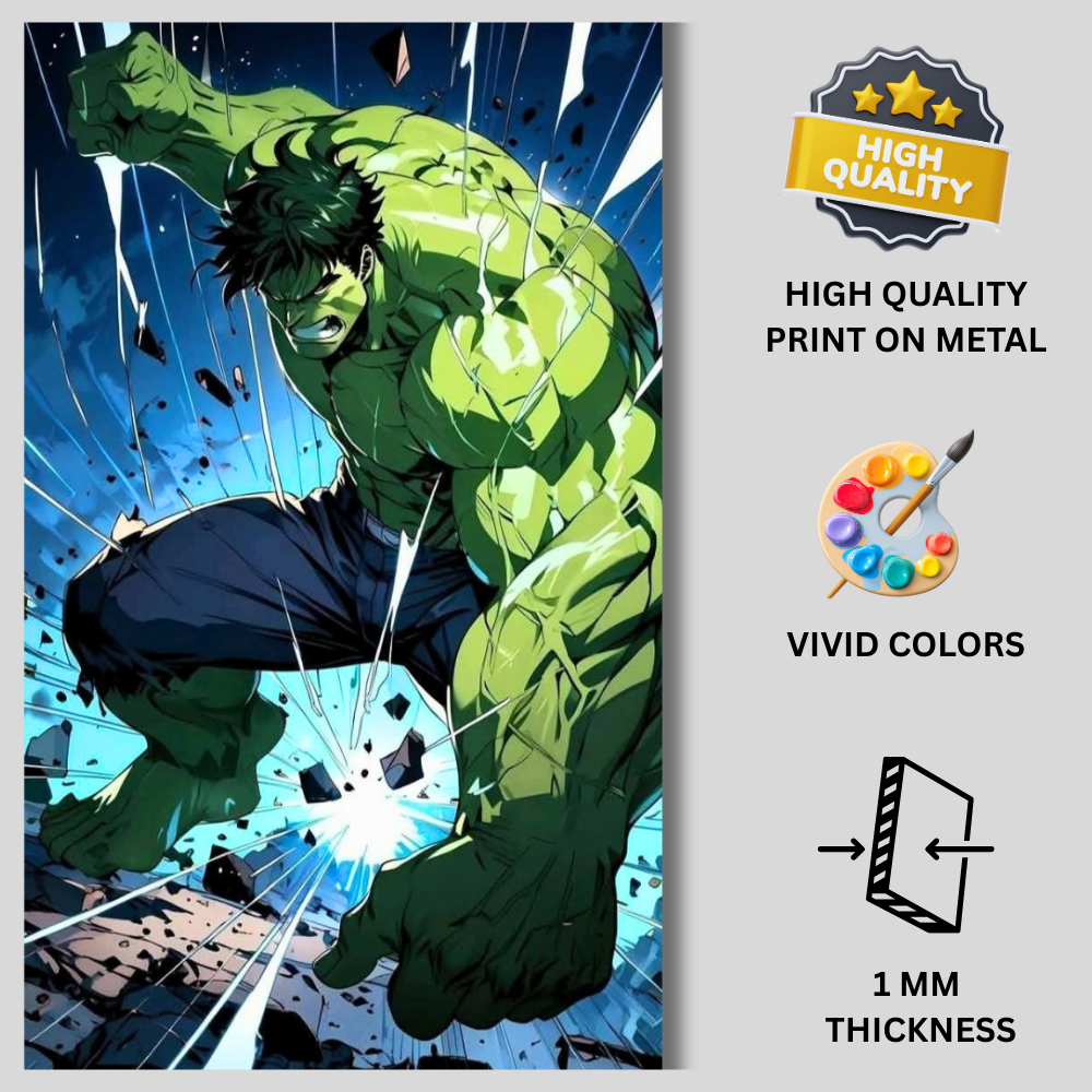 Premium Glossy Aluminium Metal Poster – Hu1k-Inspired Smash Action Artwork | HD Printed Aluminium Wall Decor for Bedroom, Gaming Room, Office & Studio | Waterproof, Fade-Proof Superhero Wall Frame