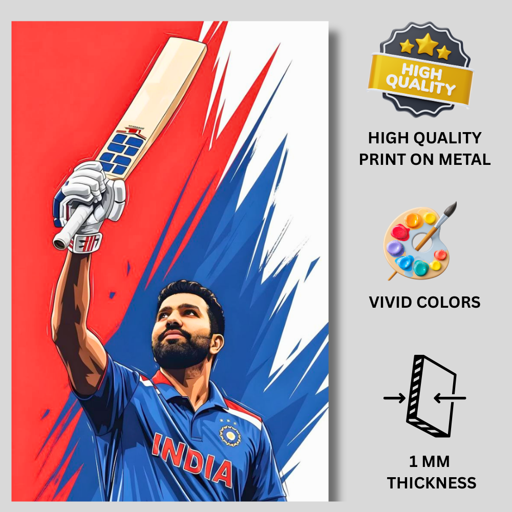 Rohit Sharma Cricket Poster | Aluminium Glossy Metal Frame | HD Wall Art for Bedroom, Living Room & Office | Cricket Legend Artwork | Premium Home Decor Panel | Metal Poster for Cricket Fans