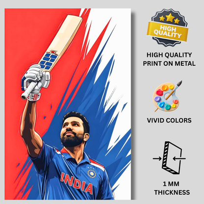 Rohit Sharma Cricket Poster | Aluminium Glossy Metal Frame | HD Wall Art for Bedroom, Living Room & Office | Cricket Legend Artwork | Premium Home Decor Panel | Metal Poster for Cricket Fans