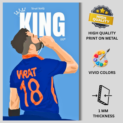 Premium Aluminium Glossy Frame | Virat Kohli KING Poster for Wall | Metal Poster for Room Decor | Cricket Wall Art for Bedroom, Office & Home Decor | Ultra HD Print | 12x18 / 18x24 / 24x36