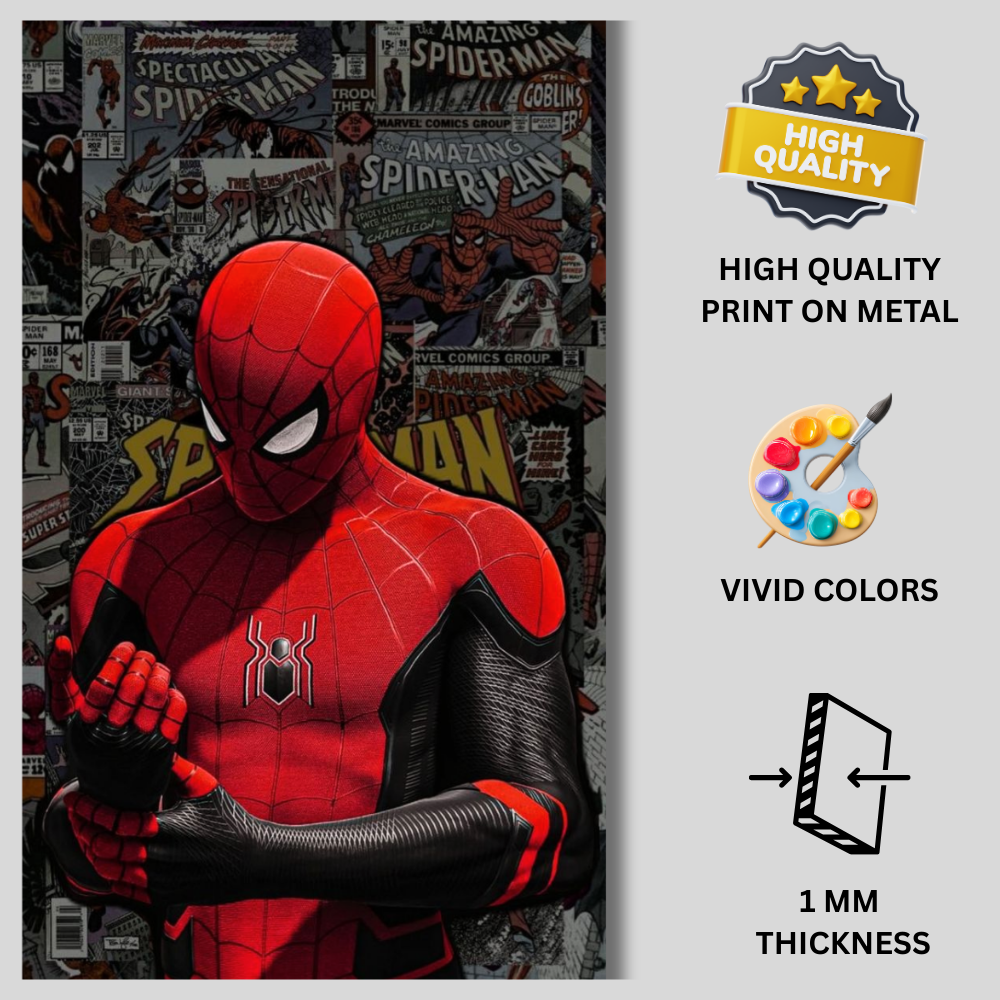 Premium Glossy Aluminium Metal Poster – Spider-Man Inspired Comic Suit Artwork | HD Printed Aluminium Wall Decor for Bedroom, Gaming Room, Office & Studio | Waterproof, Fade-Proof Superhero Wall Frame