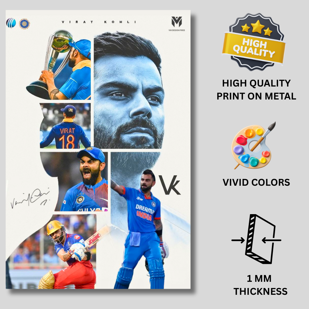 Premium Aluminium Glossy Frame – Virat Kohli Cricket Wall Art | Metal Poster for Home Décor, Living Room, Bedroom & Office | Ultra HD Print | Sports Art | Stylish Cricket Lover Gift (Multiple Sizes)