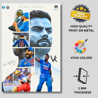 Premium Aluminium Glossy Frame – Virat Kohli Cricket Wall Art | Metal Poster for Home Décor, Living Room, Bedroom & Office | Ultra HD Print | Sports Art | Stylish Cricket Lover Gift (Multiple Sizes)