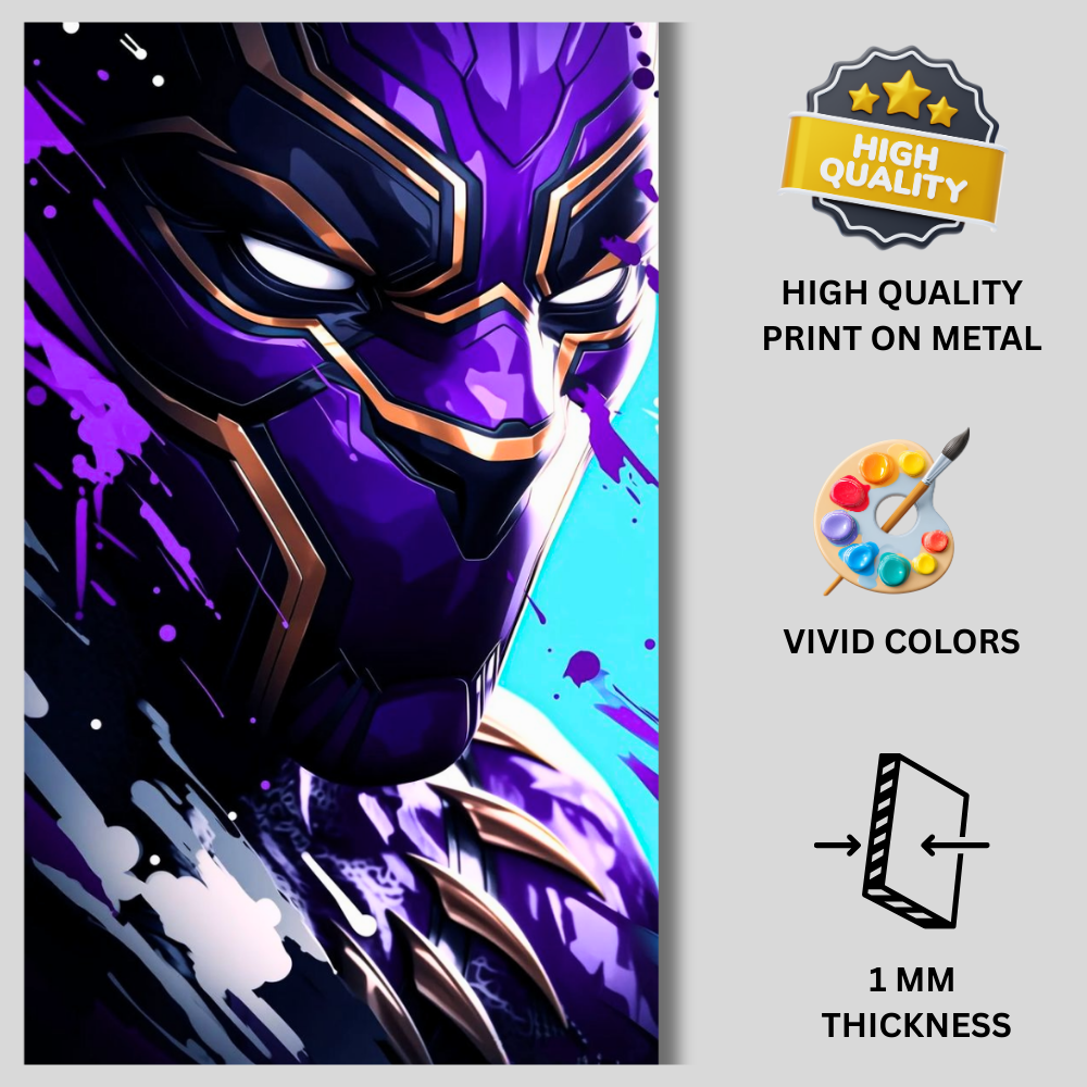 Premium Glossy Aluminium Metal Poster – Black Panther Inspired Vibrant Purple Artwork | HD Printed Aluminium Wall Decor for Bedroom, Gaming Room, Office & Studio | Waterproof, Fade-Proof Superhero Wall Frame