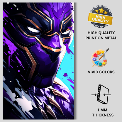 Premium Glossy Aluminium Metal Poster – Black Panther Inspired Vibrant Purple Artwork | HD Printed Aluminium Wall Decor for Bedroom, Gaming Room, Office & Studio | Waterproof, Fade-Proof Superhero Wall Frame