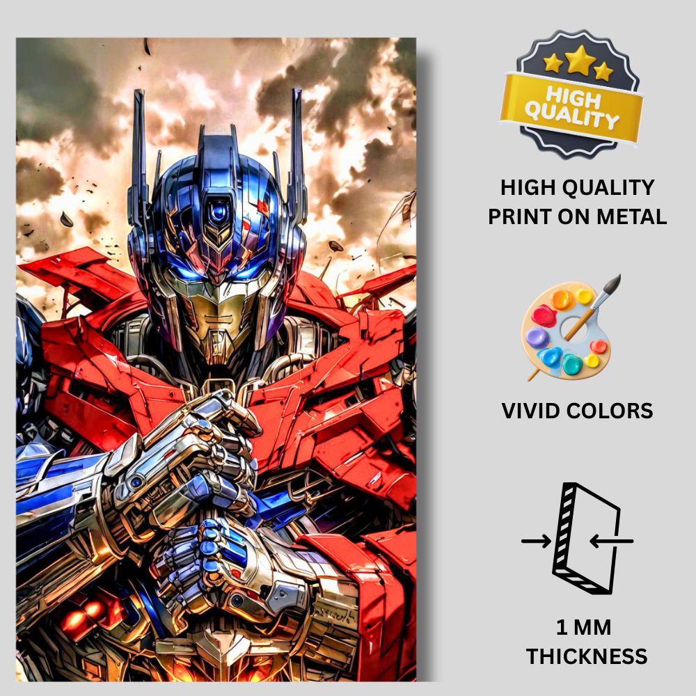 Premium Glossy Aluminium Metal Poster – 0ptimus Prime Inspired Cyber Mech Artwork | HD Printed Aluminium Wall Decor for Bedroom, Gaming Room, Office & Studio | Waterproof, Fade-Proof Sci-Fi Wall Frame