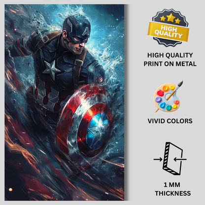 Premium Glossy Aluminium Metal Poster – Captain America Inspired Shield Artwork | HD Printed Aluminium Wall Decor for Bedroom, Gaming Room, Office & Studio | Waterproof, Fade-Proof Superhero Wall Frame