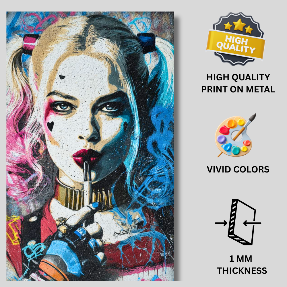 Premium Glossy Aluminium Metal Poster – H@rley Qu!nn Inspired Graffiti Art | HD Printed Metal Wall Decor for Bedroom, Gaming Room, Living Room & Office | Waterproof, Fade-Proof Aluminium Frame