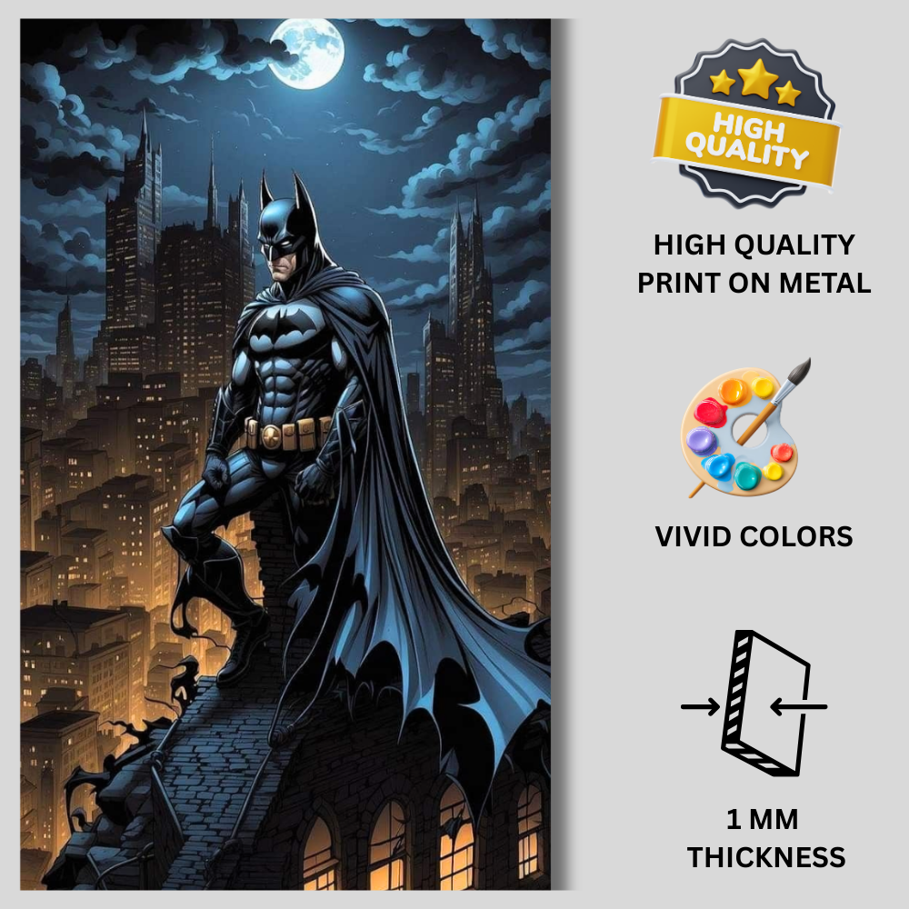 Premium Glossy Aluminium Metal Poster – Batman-Inspired Dark Knight Artwork | HD Printed Aluminium Wall Decor for Bedroom, Gaming Room, Office & Studio | Waterproof, Fade-Proof Superhero Wall Frame