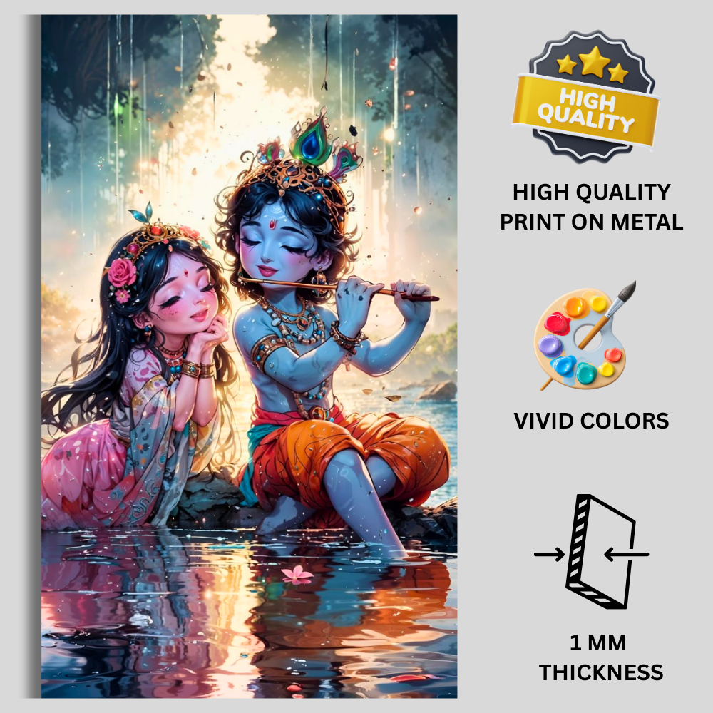 Premium Glossy Aluminium Metal Poster – Radha Krishna Flute Artwork by the Riverside | HD Hindu Spiritual Wall Decor for Home Temple, Living Room, Bedroom & Meditation Corner | Waterproof, Fade-Proof Devotional Frame