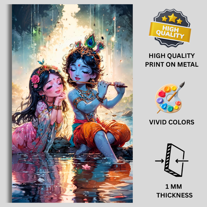 Premium Glossy Aluminium Metal Poster – Radha Krishna Flute Artwork by the Riverside | HD Hindu Spiritual Wall Decor for Home Temple, Living Room, Bedroom & Meditation Corner | Waterproof, Fade-Proof Devotional Frame