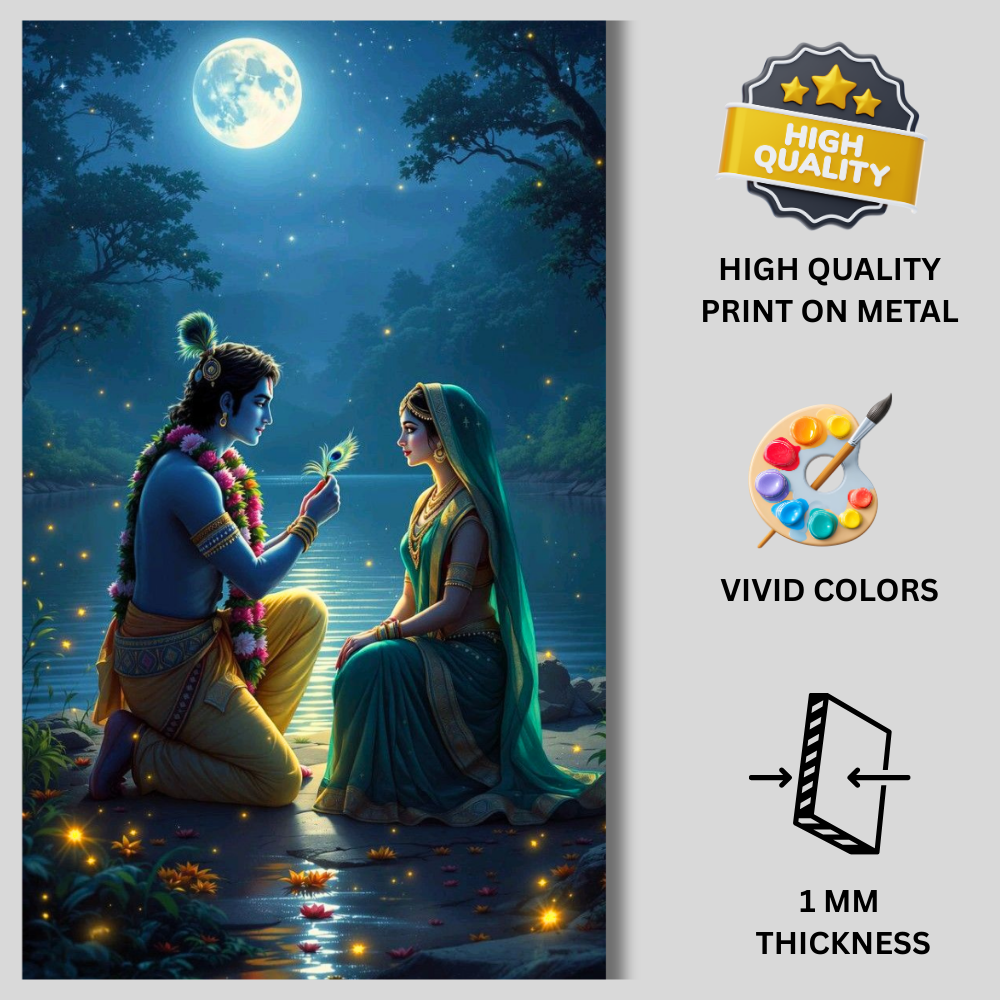 Premium Glossy Aluminium Metal Poster – Radha Krishna Moonlight Artwork | HD Hindu Spiritual Wall Decor for Home Temple, Living Room, Bedroom & Meditation Space | Waterproof, Fade-Proof Devotional Wall Frame