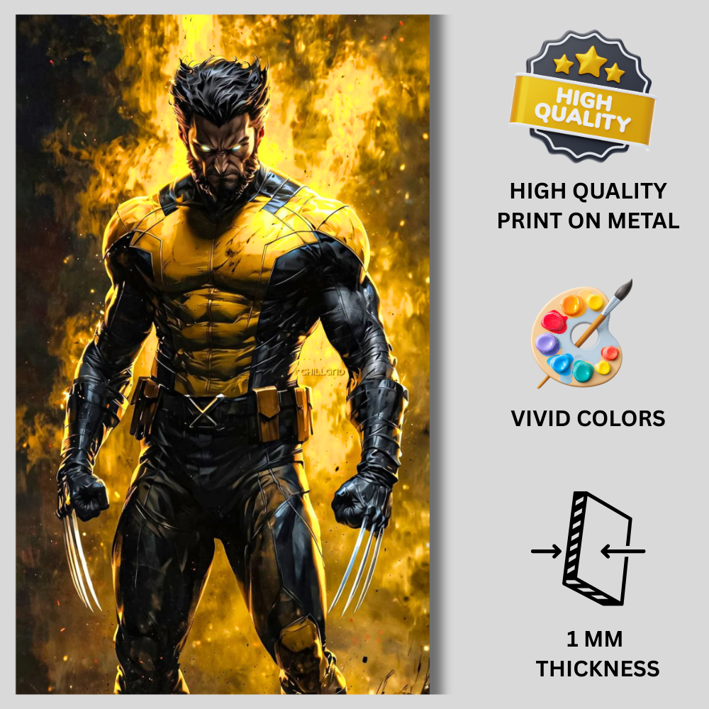 Premium Glossy Aluminium Metal Poster – Wolverine-Inspired Yellow & Black Warrior Artwork | HD Printed Aluminium Wall Decor for Bedroom, Gaming Room, Office & Studio | Waterproof, Fade-Proof Superhero Wall Frame