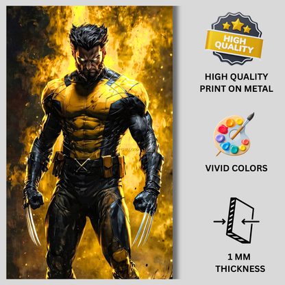 Premium Glossy Aluminium Metal Poster – Wolverine-Inspired Yellow & Black Warrior Artwork | HD Printed Aluminium Wall Decor for Bedroom, Gaming Room, Office & Studio | Waterproof, Fade-Proof Superhero Wall Frame
