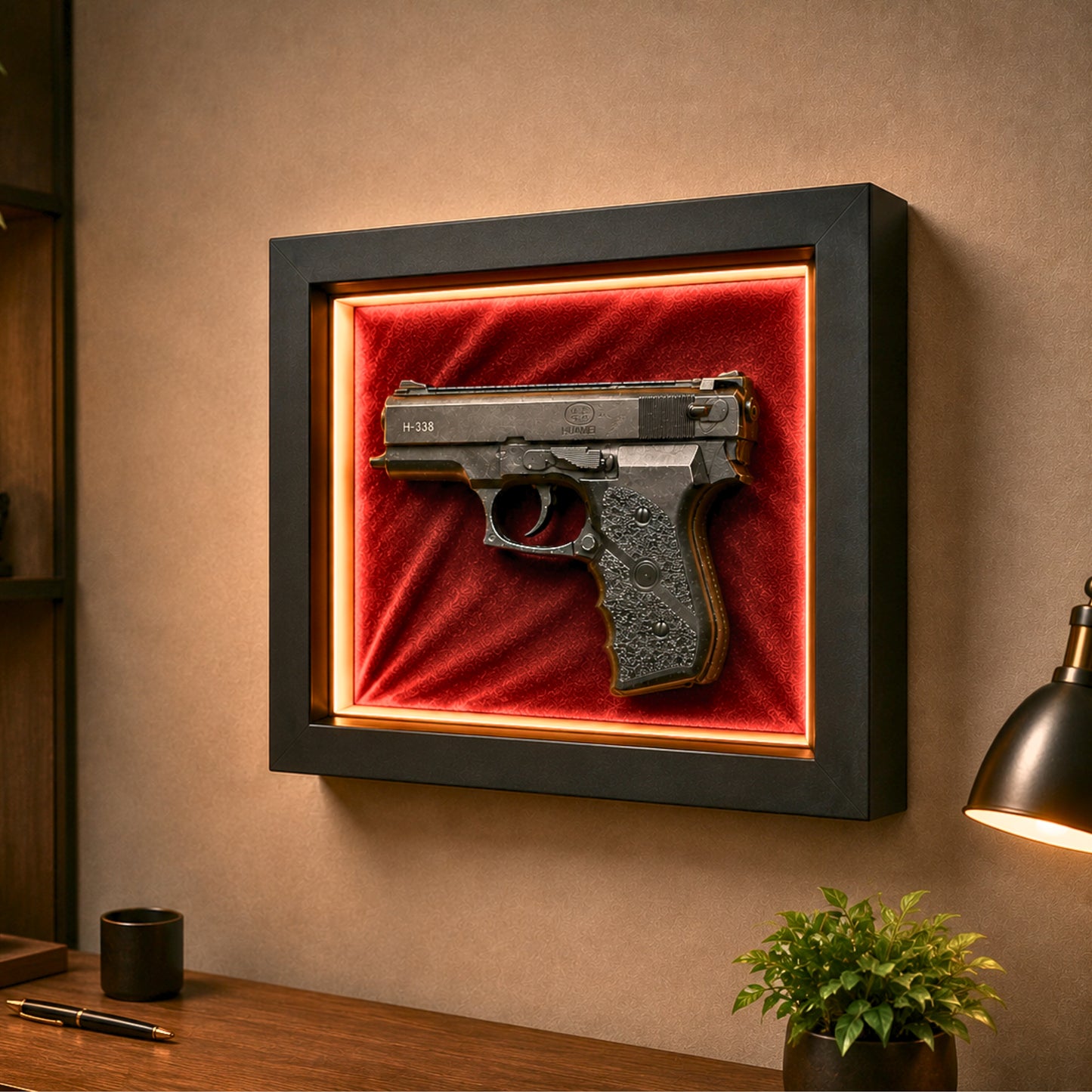 Premium Pistol Shadow Box Frame for Wall Decor | 3D Gun Wall Art with LED Effect | 25 x 20 cm