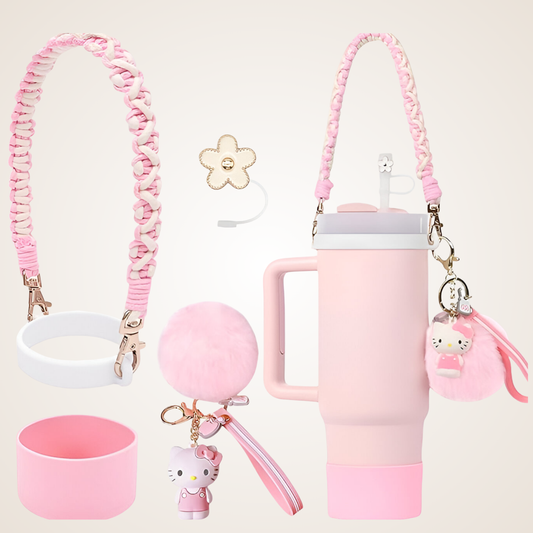 Stanley Cute Tumbler Accessories Set – Strap, Silicone Boot, Charm Keychain & Flower Plug