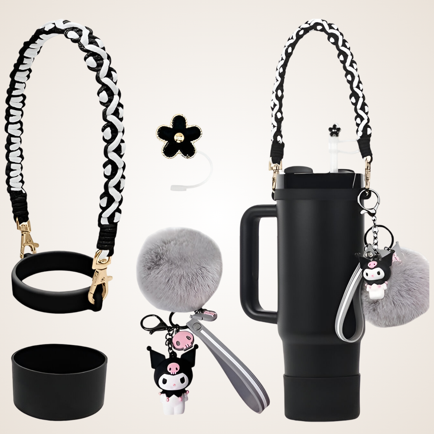 Stanley Cute Tumbler Accessories Set – Strap, Silicone Boot, Charm Keychain & Flower Plug
