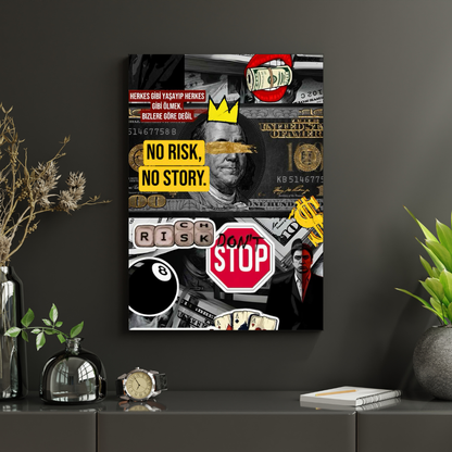 Premium Glossy Aluminium Metal Poster – “No Risk No Story” Money Collage Art | HD Printed Aluminium Wall Decor for Office, Bedroom, Gaming Room & Studio | Waterproof, Fade-Proof Motivational Wall Frame