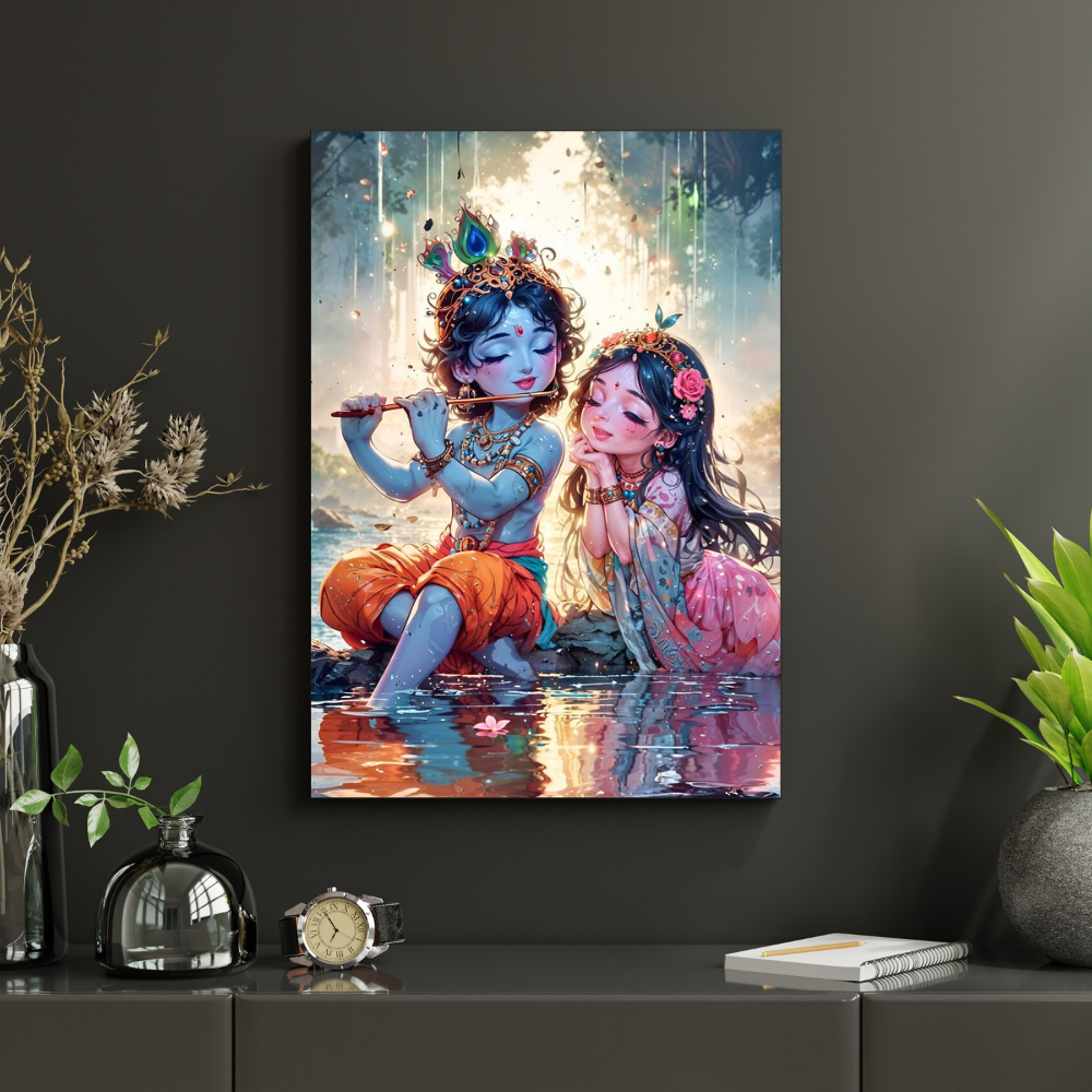 Premium Glossy Aluminium Metal Poster – Radha Krishna Flute Artwork by the Riverside | HD Hindu Spiritual Wall Decor for Home Temple, Living Room, Bedroom & Meditation Corner | Waterproof, Fade-Proof Devotional Frame