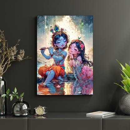 Premium Glossy Aluminium Metal Poster – Radha Krishna Flute Artwork by the Riverside | HD Hindu Spiritual Wall Decor for Home Temple, Living Room, Bedroom & Meditation Corner | Waterproof, Fade-Proof Devotional Frame