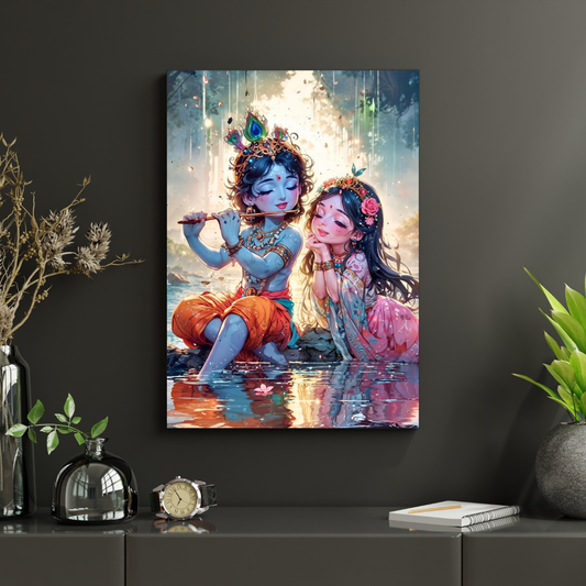 Premium Glossy Aluminium Metal Poster – Radha Krishna Flute Artwork by the Riverside | HD Hindu Spiritual Wall Decor for Home Temple, Living Room, Bedroom & Meditation Corner | Waterproof, Fade-Proof Devotional Frame
