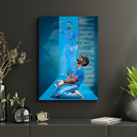 Virat Kohli Cricket Action Aluminium Glossy Metal Poster | Premium HD Wall Art Frame for Room, Office & Home Decor | Waterproof, Fade-Proof Metal Wall Poster | Cricket Legend Art Print (Glossy Finish)
