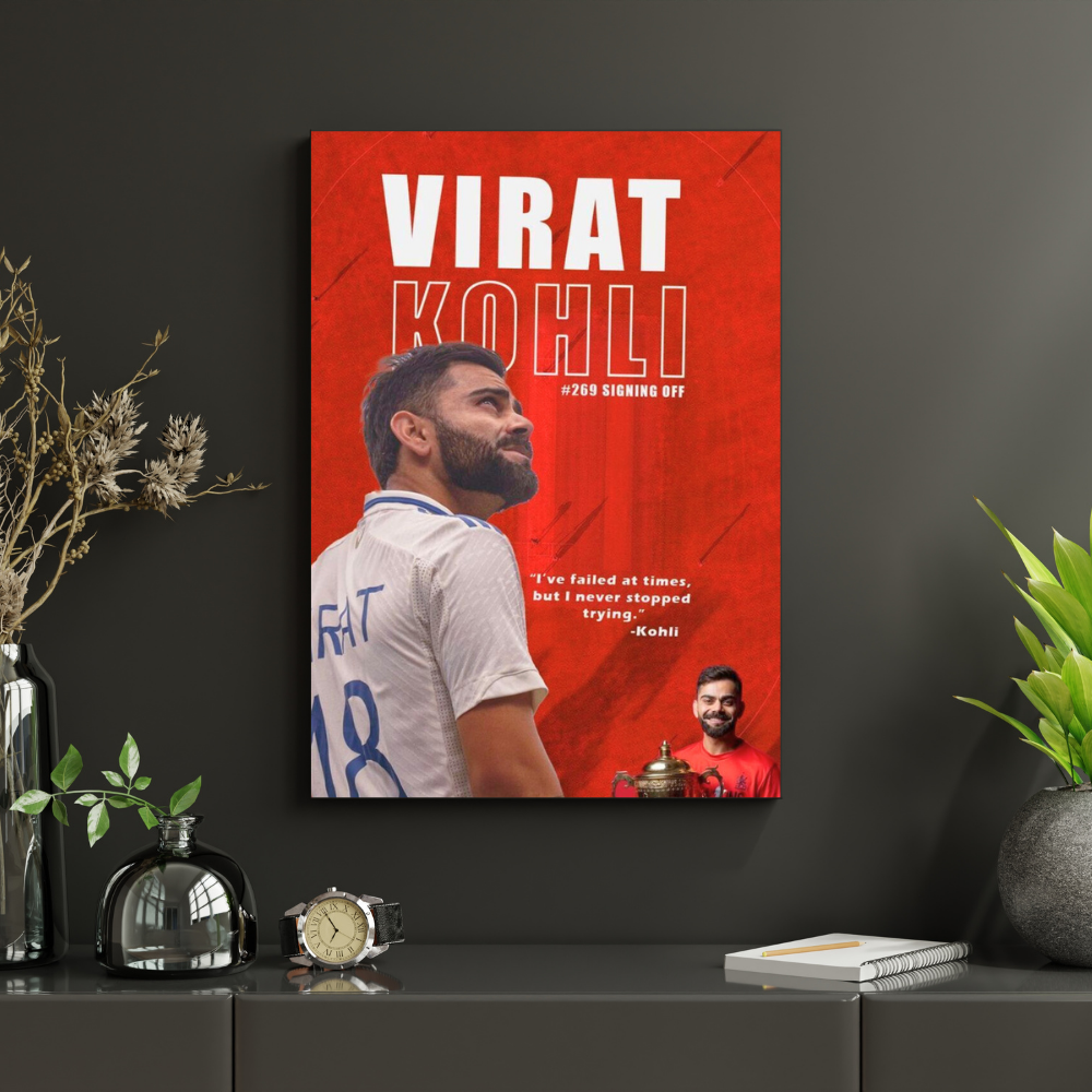 Virat Kohli Premium Aluminium Glossy Frame | Metal Poster Wall Art for Home & Room Decor | Cricket Legend HD Artwork | Ultra-Gloss Finish | Living Room, Bedroom, Office Decoration |