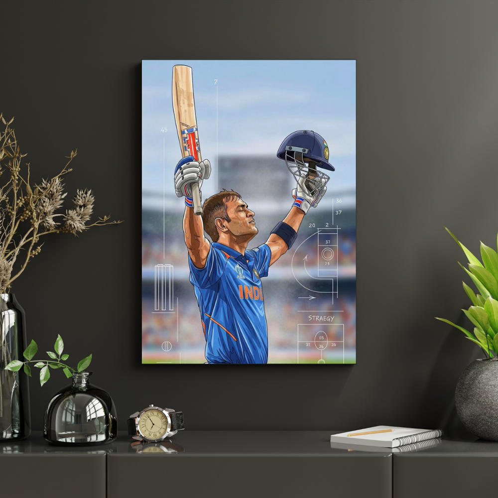 MS Dhoni Aluminium Glossy Metal Poster | Premium Cricket Wall Art Frame for Home & Office Décor | HD Printed Metal Sheet | Sports Room, Bedroom, Living Room Decoration | Cricket Legend Artwork (Gloss Finish)