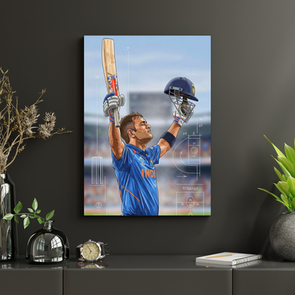 MS Dhoni Aluminium Glossy Metal Poster | Premium Cricket Wall Art Frame for Home & Office Décor | HD Printed Metal Sheet | Sports Room, Bedroom, Living Room Decoration | Cricket Legend Artwork (Gloss Finish)