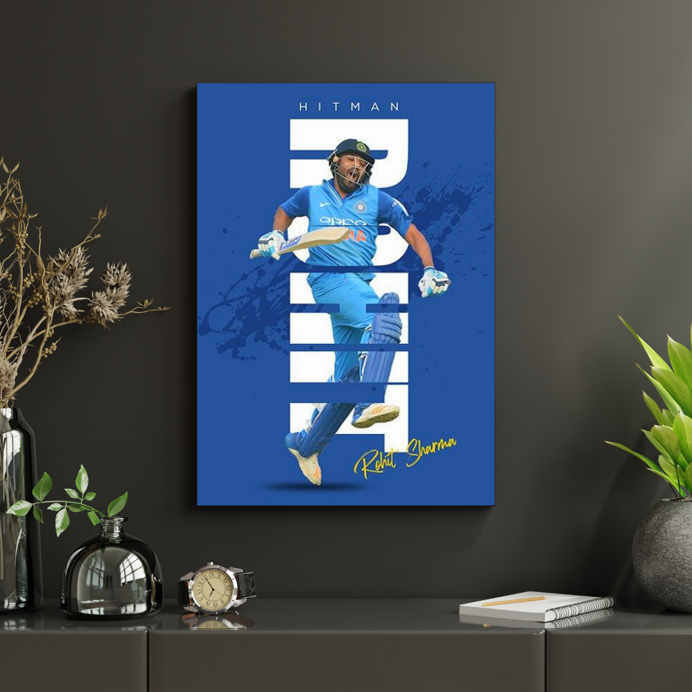 Rohit Sharma HITMAN Cricket Wall Art | Premium Glossy Aluminium Metal Poster Frame | Sports Room Decor | Ultra HD Print for Bedroom, Living Room, Office & Man Cave | Modern Home Decor Frame (Blue Edition)