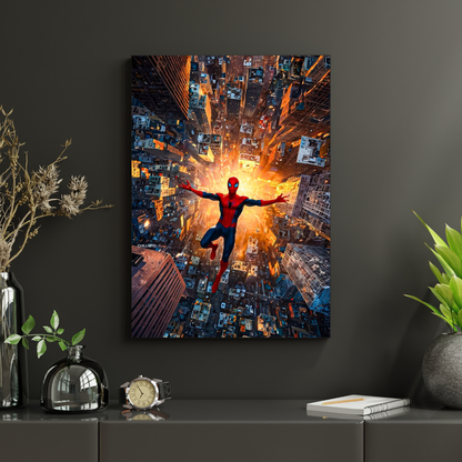 Premium Glossy Aluminium Metal Poster – Spider-Man Inspired City Dive Artwork | HD Printed Aluminium Wall Decor for Bedroom, Gaming Room, Office & Studio | Waterproof, Fade-Proof Superhero Frame