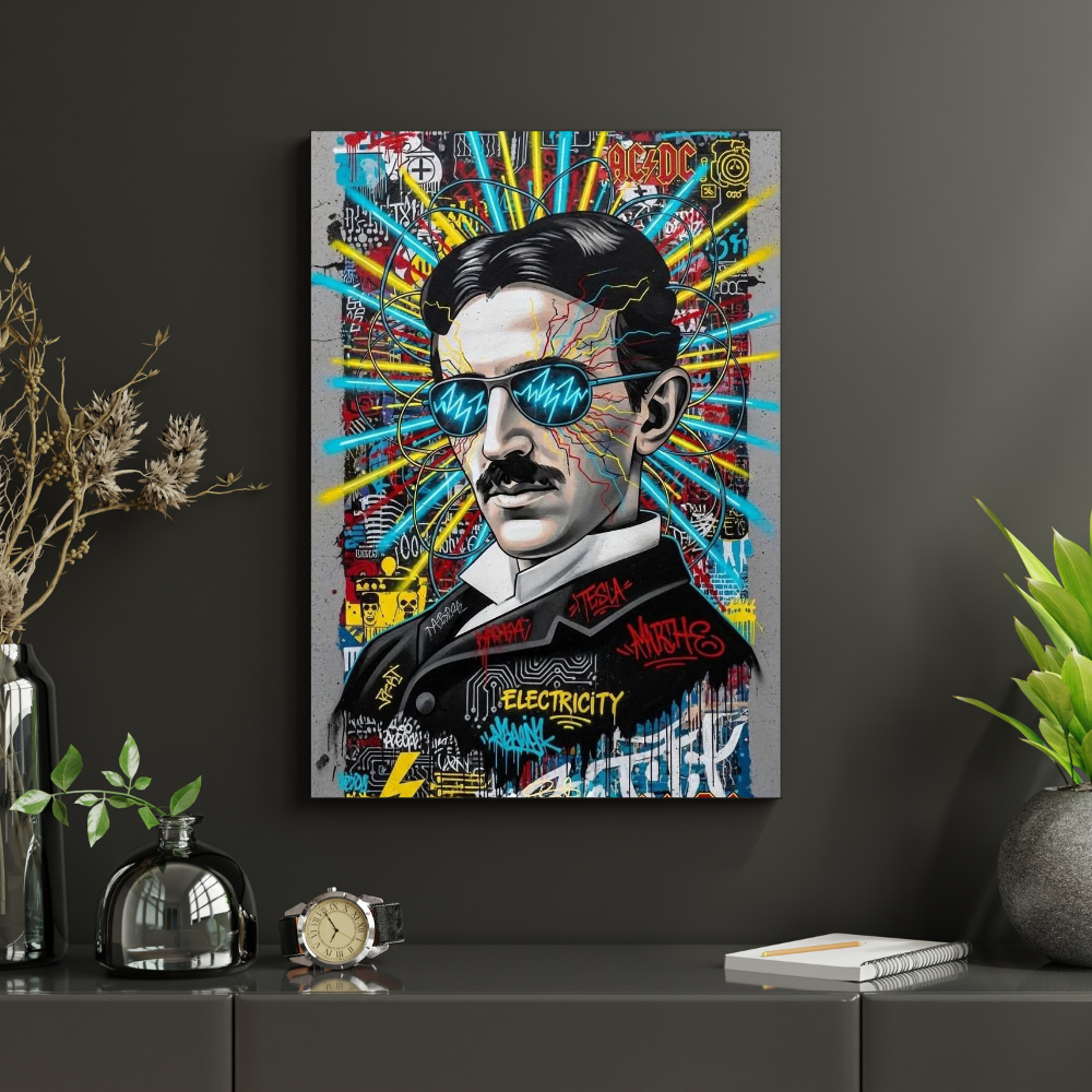 Premium Glossy Aluminium Metal Poster – Tesla Graffiti Street Art Wall Frame | High-Definition Printed Aluminium Wall Decor for Bedroom, Living Room, Gaming Room & Office | Waterproof, Fade-Proof Metal Poster