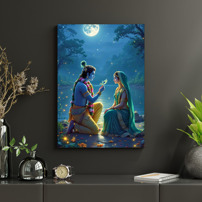 Premium Glossy Aluminium Metal Poster – Radha Krishna Moonlight Artwork | HD Hindu Spiritual Wall Decor for Home Temple, Living Room, Bedroom & Meditation Space | Waterproof, Fade-Proof Devotional Wall Frame