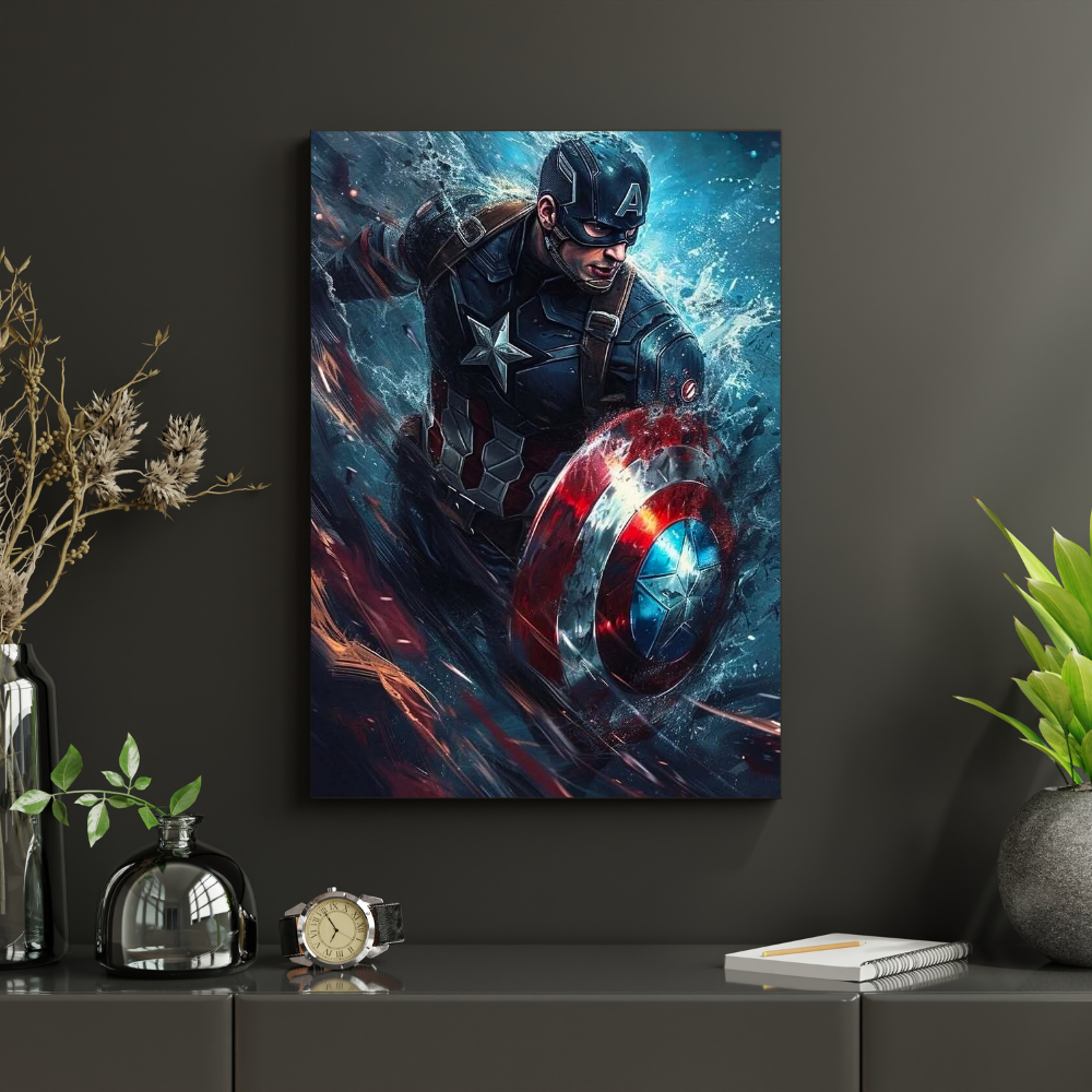 Premium Glossy Aluminium Metal Poster – Captain America Inspired Shield Artwork | HD Printed Aluminium Wall Decor for Bedroom, Gaming Room, Office & Studio | Waterproof, Fade-Proof Superhero Wall Frame