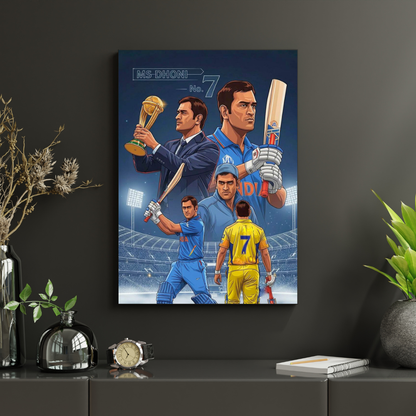 MS Dhoni No.7 Aluminium Glossy Metal Poster | Premium Cricket Wall Art | HD Metal Print for Bedroom, Living Room, Office & Man Cave | Waterproof, Fade-Proof Home Decor Frame